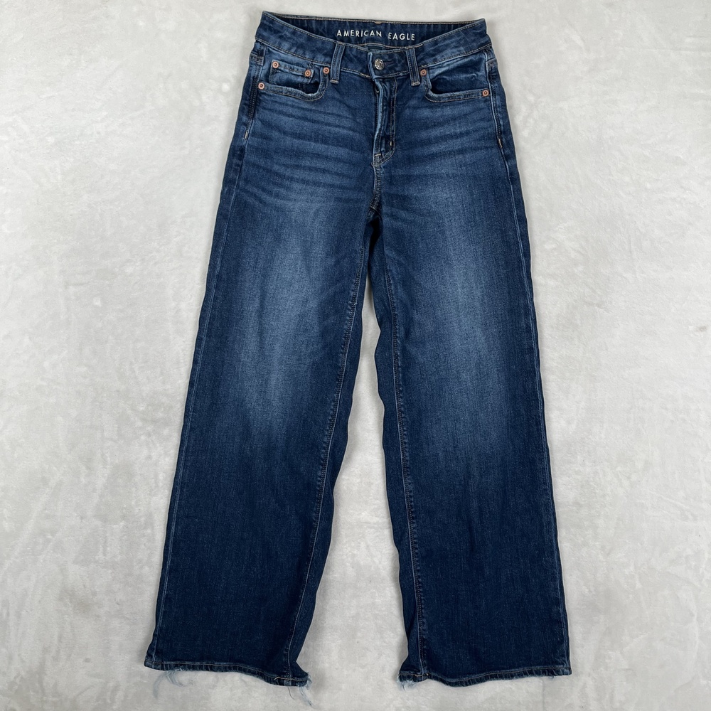 American Eagle Low-Rise Baggy Wide Leg Jeans Womens 00 Blue Distressed Denim